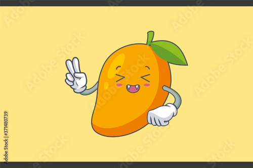 LAUGHING, HAPPY, FUN, cheerful Face Emotion. Peace Hand Gesture. Yellow Mango Fruit Cartoon Drawing Mascot Illustration.