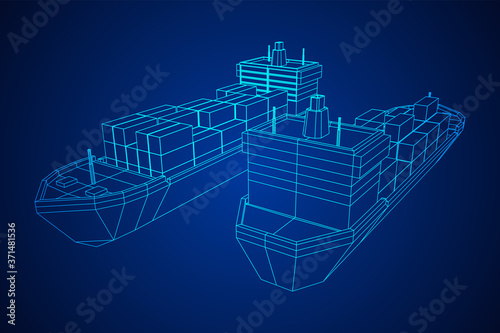 Heavy dry cargo ship of bulk carrier with freight containers. Wireframe low poly mesh vector illustration.