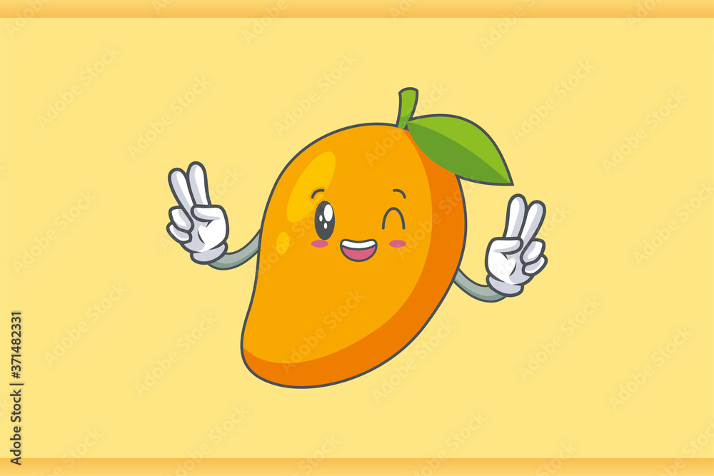 GRINNING WINK, HAPPY, cheerful Face Emotion. Double Peace Hand Gesture. Yellow Mango Fruit Cartoon Drawing Mascot Illustration. GRINNING WINK, HAPPY, cheerful Face Emotion. Double Peace Hand Gesture. Yellow Mango Fruit Cartoon Drawing Mascot Illustration.