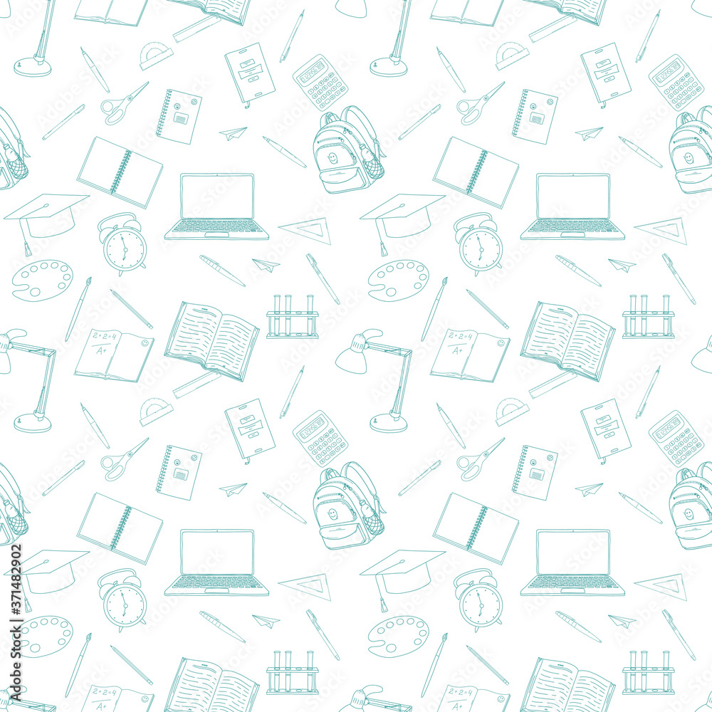 Seamless pattern on the theme of school, education, and training. Simple Doodle-style elements are hand-drawn and isolated on white.Laptop, backpack,lamp. School background. Color vector illustration.