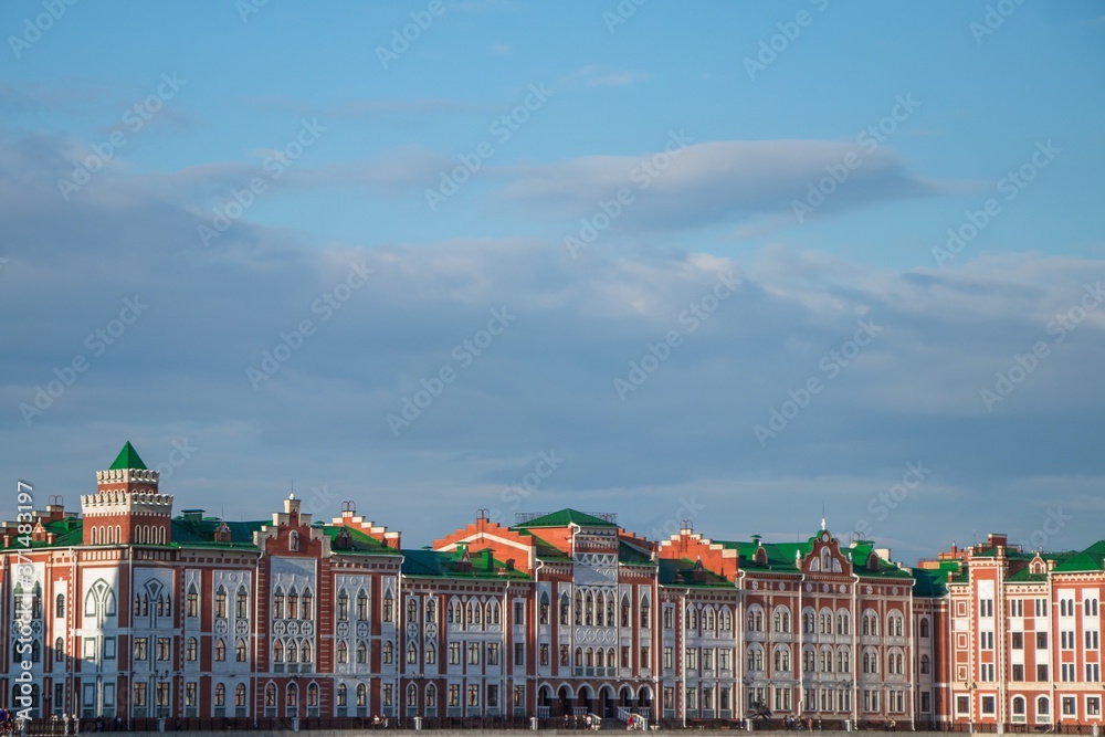 panorama image of the city at sunset time with shadows on houses, Yoshkar-Ola, Russia