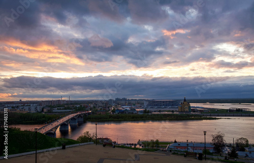 Pink spring sunset in Nizhny Novgorod