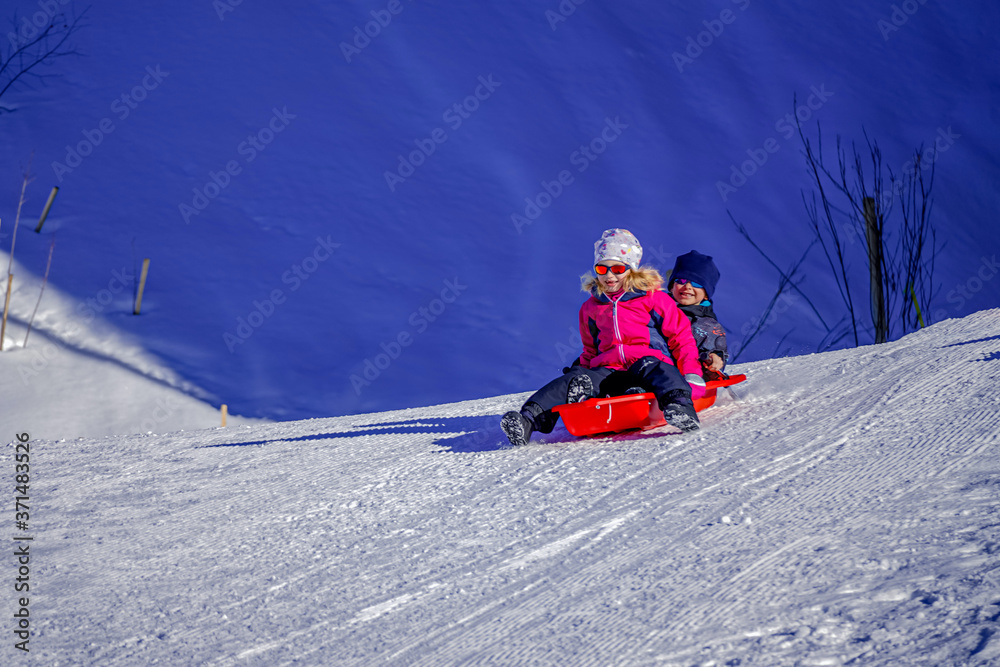 Two joyful kids sledding down the hills on a winter day. Brother and sister