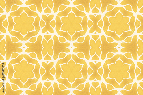 Textile type print golden shapes forming an art deco filigree of flowers and curves on a white background. Abstract golden and white background. Computer generated image