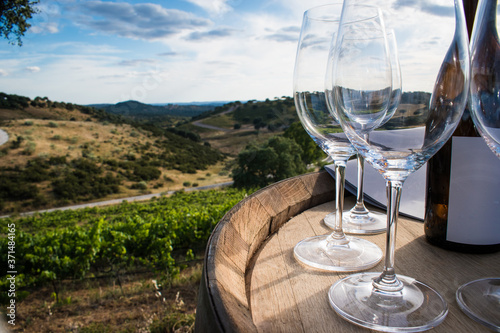 closeup wine glasses on a barrel in a vineyard