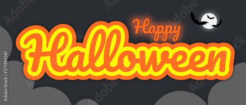 "Happy Halloween" banner, big bold stroke style text in dark sky with clouds, moon and bats. Vector Illustration.