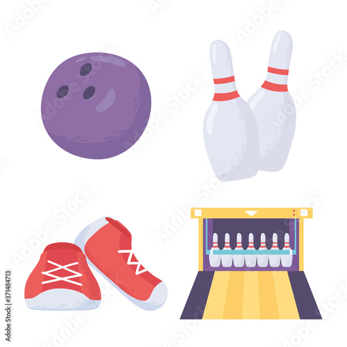 bowling game ball skittles shoes and alley icons flat design