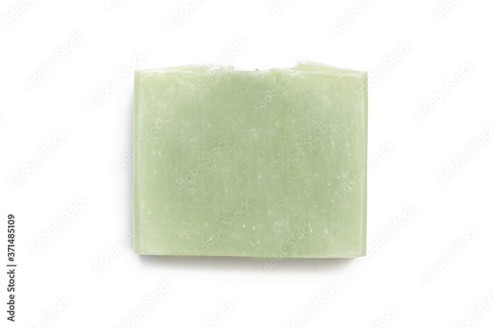 Handmade soap bar with isolated on white background, close up. Homemade toxic-free natural organic cosmetic	