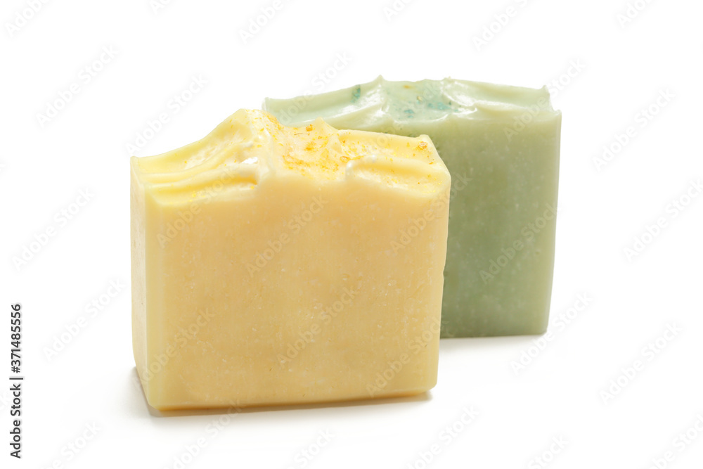 Handmade soap bars isolated on white background. Homemade toxic-free natural organic cosmetic Handmade soap bars isolated on white background. Homemade toxic-free natural organic cosmetic