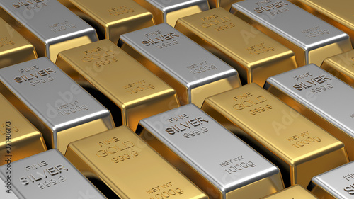 Rows of gold and silver bars stacked as a background. 3D illustration