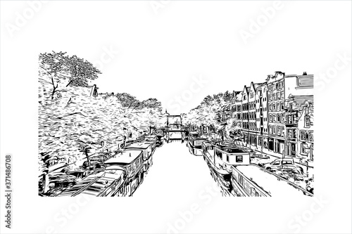 Building view with landmark of Amsterdam is the Netherlands’ capital, known for its artistic heritage. Hand drawn sketch illustration in vector.