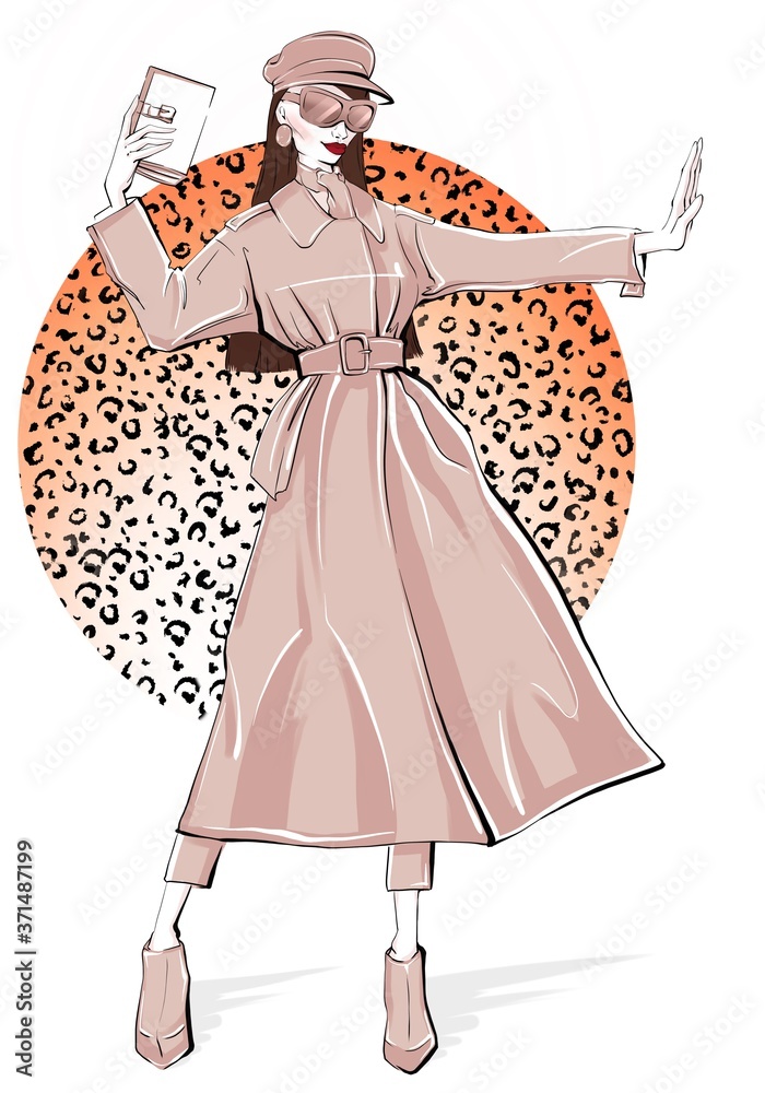 Hand drawing illustration woman in trench coat leopard print. Young girl stands with outstretched hand sketch. The girl in a cap and glasses is fashionable in a fashion printed coat. Brunette girl art