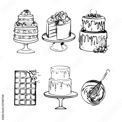 Hand drawing illustration set of cakes and chocolate, cream. black and white sketch sweets for wedding invitations. wedding cake sketch vector. Outline black ink hand drawn two-layer cake eat logo