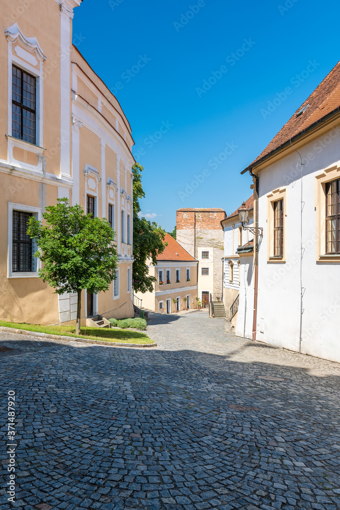 Romantic street at Mikulov city, Czech Republic. Street with ancient buildings, tree. Summer day, blue sky.