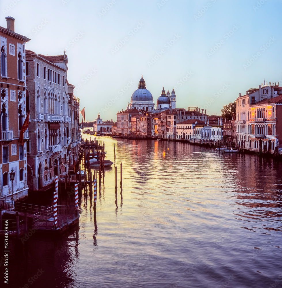 Long Exposure of the Canal Grande in Venice at sunrise in a quiet summer morning, taken with analogue positive slide film technique