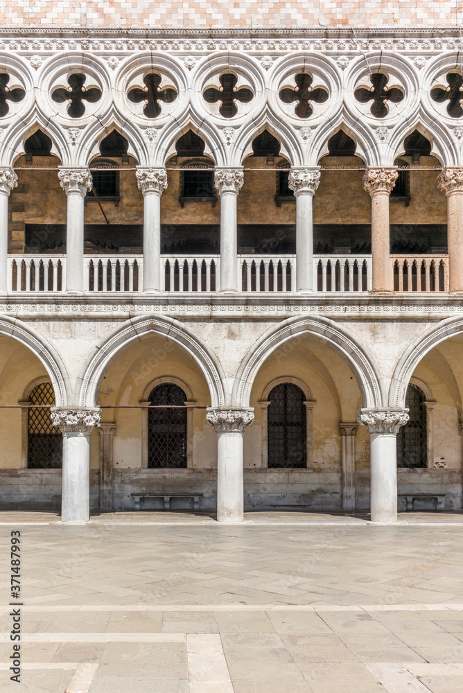 Architectural detail of the Doge's Palace in San Marco's square in Venice in a sunny summer day