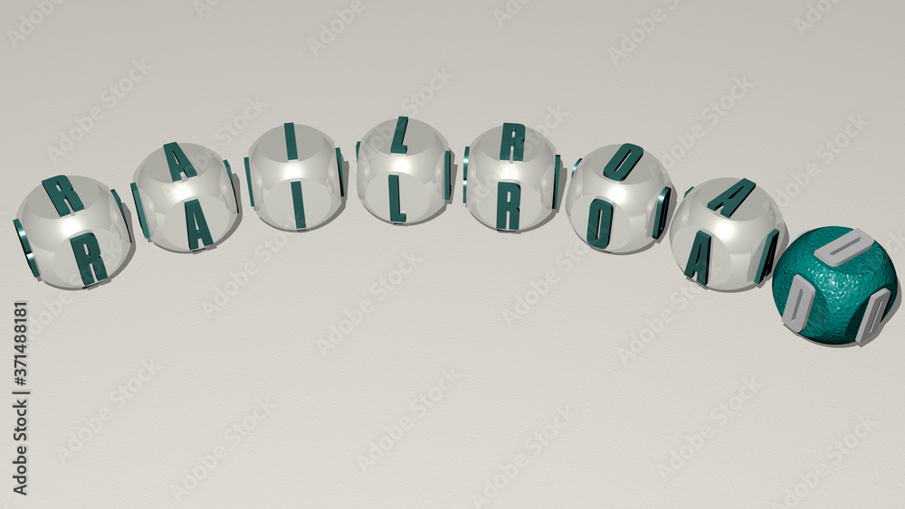 RAILROAD text of dice letters with curvature - 3D illustration for train and railway RAILROAD text of dice letters with curvature - 3D illustration for train and railway