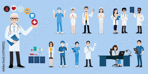 Group of doctors and nurses and medical staff. Medical team concept in flat design people characters vector.
