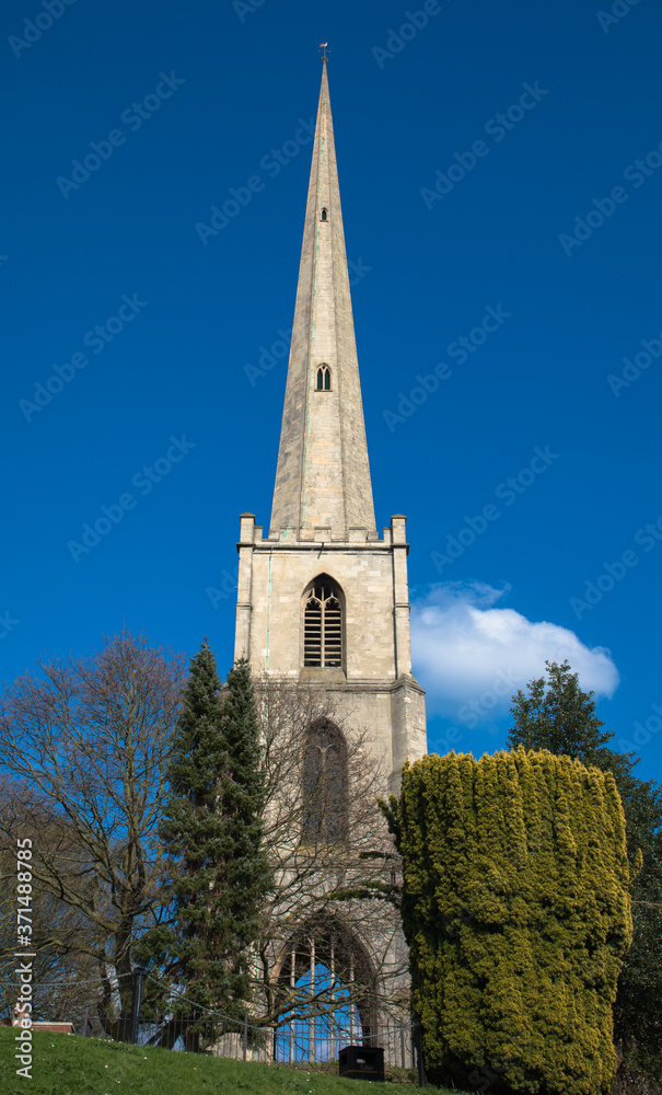 Tower and spire of the ruined church of Saint Andrews also known as the Glovers Needle, Worcester, Worcestershire, UK