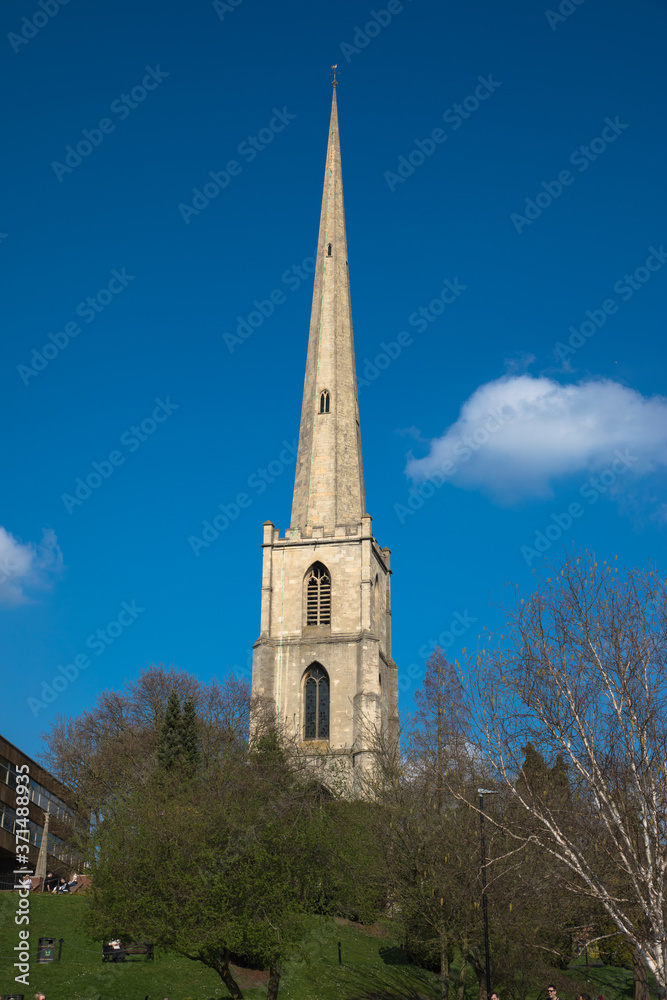 Tower and spire of the ruined church of Saint Andrews also known as the Glovers Needle, Worcester, Worcestershire, UK