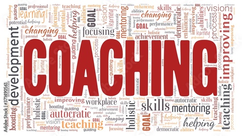 Coaching word cloud isolated on a white background.