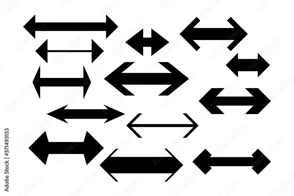 Two side arrows of different shapes and sizes. Big collection of various arrow icons on a white background. Two side arrows of different shapes and sizes. Big collection of various arrow icons on a white background.