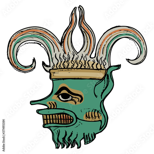 Head of fantastic monster demon. Ugly king mask in funny jester crown. Hand drawn colorful doodle sketch.