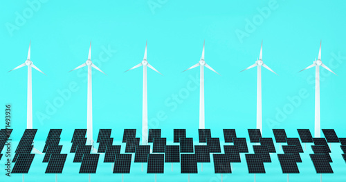 3D rendering, Wind turbines and solar panels , green energy concept, 3D illustration