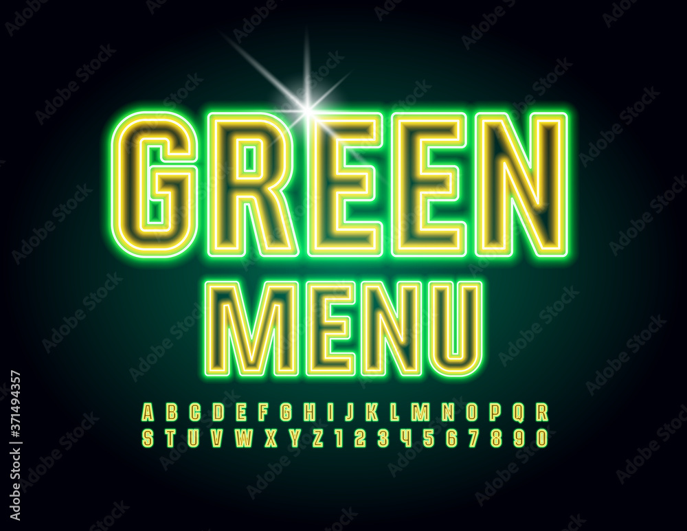 Vector Neon concept Geen Menu. Glowing electric Alphabet Letters and Numbers. Bright illuminated Font