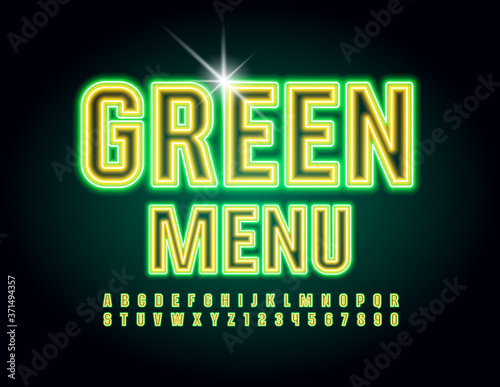 Vector Neon concept Geen Menu. Glowing electric Alphabet Letters and Numbers. Bright illuminated Font