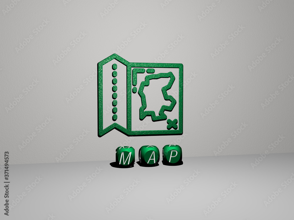 3D illustration of map graphics and text made by metallic dice letters for the related meanings of the concept and presentations for background and abstract 3D illustration of map graphics and text made by metallic dice letters for the related meanings of the concept and presentations for background and abstract