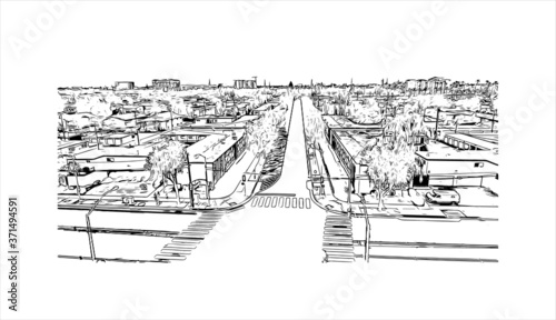 Building view with Landmark of Anaheim is a city outside Los Angeles, in Southern California. Hand drawn sketch illustration in vector.