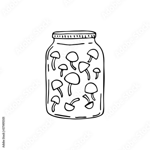 Doodle images of pickling mushrooms in a jar. Vector for textile, web, print, gift wrapping. Autumn preparation of products for the winter.