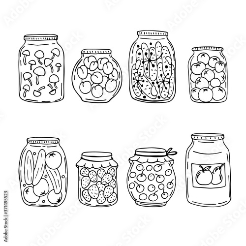 Doodle images of pickling vegetables, fruits and berries in jars. Vector for textile, web, print, gift wrapping.