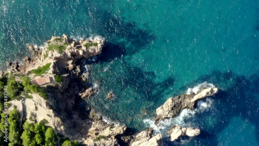 AERIAL: Over Beautiful Coast Line of Tropical Island Mallorca, Spain with ocean and Blue water in Summer,Daylight Vacation, Travel, Sunny, Waves 