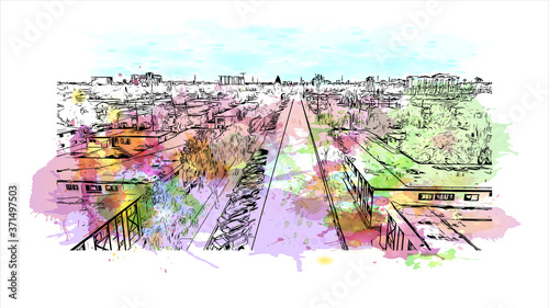 Building view with Landmark of Anaheim is a city outside Los Angeles, in Southern California. Watercolor splash with hand drawn sketch illustration in vector.