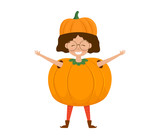 Cute girl dressed as a pumpkin. Happy kid in halloween costume. Vector illustration isolated on white background.