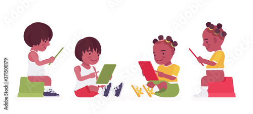 Toddler children, black little boy and girl sitting on a potty, watching a tablet device. Cute sweet happy healthy baby aged 12 to 36 months. Vector flat style cartoon illustration
