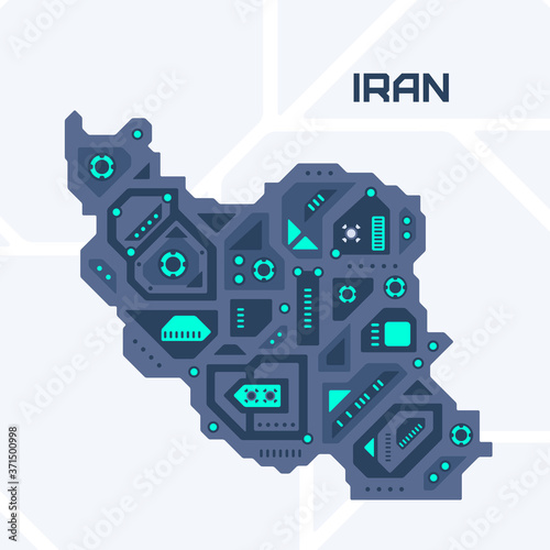 Abstract futuristic map of Iran. Mechanical circuit of the country. Technology space background.