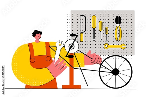 Bicycle repair male female mechanics service isometric set with tandem bike pump saddle wheels frame vector illustration