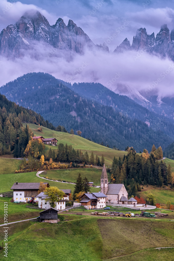Santa Maddalena village against the background of Dolomites, Val di Funes valley, Trentino-Alto Adige region, Italy, Europe.