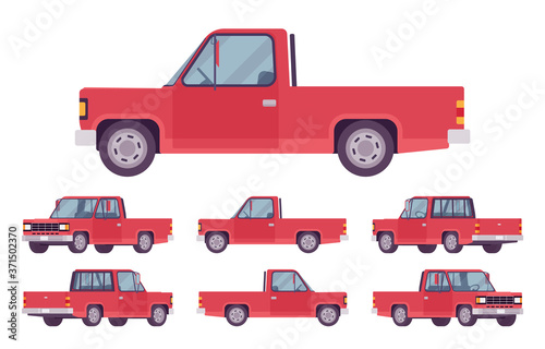 Pickup truck red set with cab and open cargo area. Large passenger van car, commercial vehicle for country travel or city delivery business. Vector flat style cartoon illustration, different views