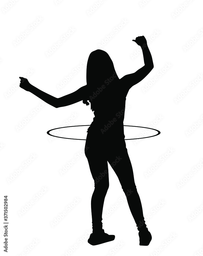 Attractive girl exercising with a hula hoop vector silhouette illustration  isolated on white background. Handsome woman funny dancing with hula hoop  toy and losing weight. Workout with sport tool. vector de Stock
