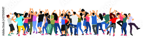 Party dancer people, girls and boys vector illustration isolated. Nightlife party concept with crew dancing. Disco club event. Birthday celebration. Teenagers in good mood. Fun and entertainment.