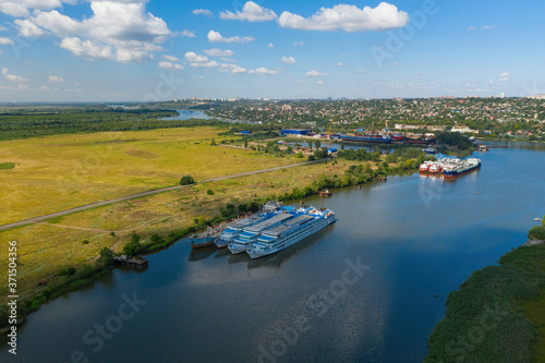 Large shipyard and maintenance on the river. Aerial view.