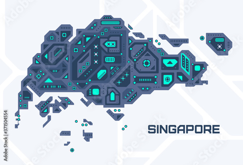 Abstract futuristic map of Singapore. Mechanical circuit of the country. Technology space background.