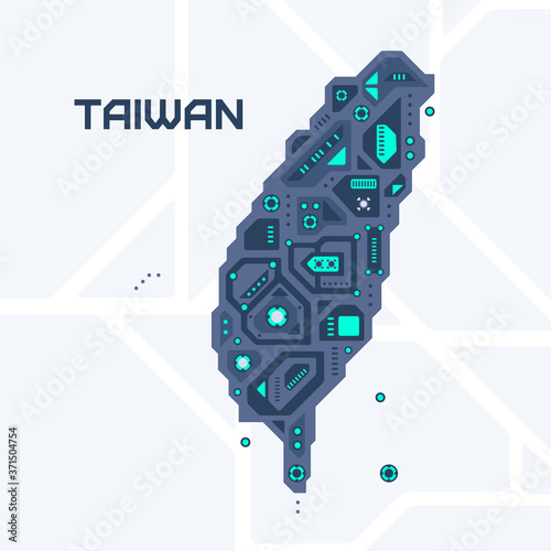 Abstract futuristic map of Taiwan. Mechanical circuit of the country. Technology space background.