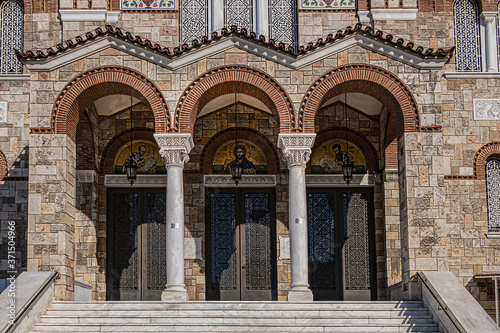 View of Neo-Byzantine Cathedral of Holy Trinity   Agia Triada   from 1839 . Church of the Holy Trinity is located in center of Piraeus overlooking port. Piraeus  Attica  Greece  EU.