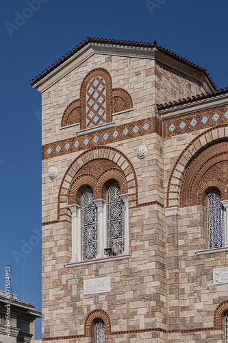 View of Neo-Byzantine Cathedral of Holy Trinity ("Agia Triada", from 1839). Church of the Holy Trinity is located in center of Piraeus overlooking port. Piraeus, Attica, Greece, EU.