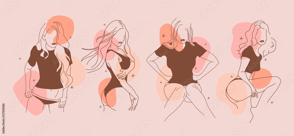 Faceless girls set. Fashion illustrations. Hand drawn vector. Outline ...